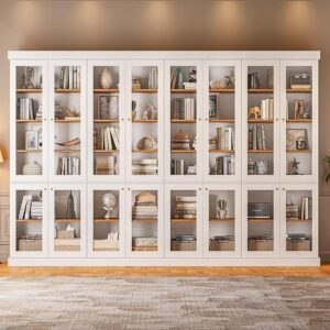 70.8" White Bookshelf with Glass Doors – 6-Tier Farmhouse Bookcase Cabinet, Set of 4
