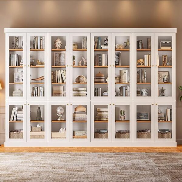 70.8" White Bookshelf with Glass Doors – 6-Tier Farmhouse Bookcase Cabinet, Set of 4