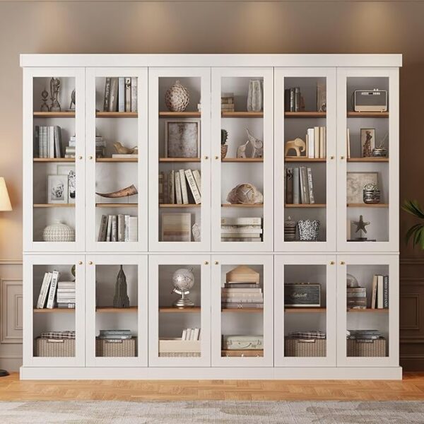 70.8" White Bookshelf with Glass Doors – 6-Tier Farmhouse Bookcase Cabinet, Set of 4 - Image 3