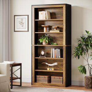 74.4'' 7-Tier Bookcase – Vintage Wood Display Shelf & TV Stand (Black+Brown)
