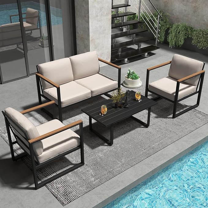 4-Piece Outdoor Metal Patio Set, Chairs & Coffee Table, Conversation Set for Porch & Garden, Beige