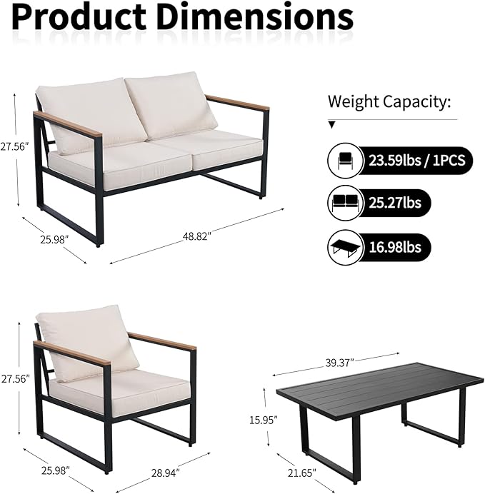 4-Piece Outdoor Metal Patio Set, Chairs & Coffee Table, Conversation Set for Porch & Garden, Beige - Image 2