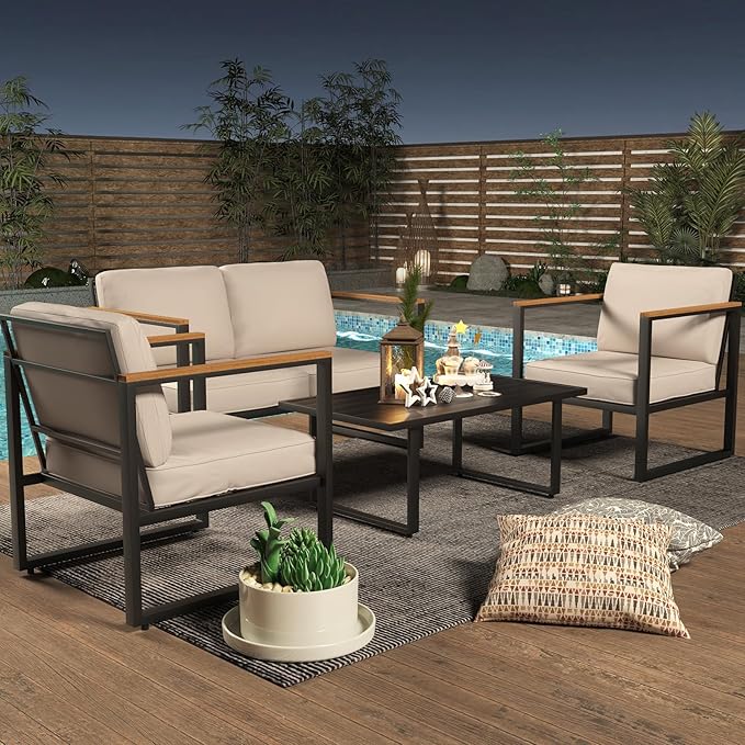 4-Piece Outdoor Metal Patio Set, Chairs & Coffee Table, Conversation Set for Porch & Garden, Beige - Image 3
