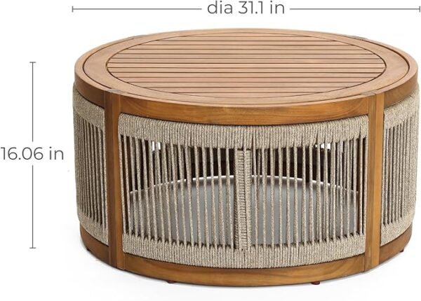 31" Acacia Wood Outdoor Coffee Table, Round Rope Drum Design, Modern Farmhouse Style - Image 2