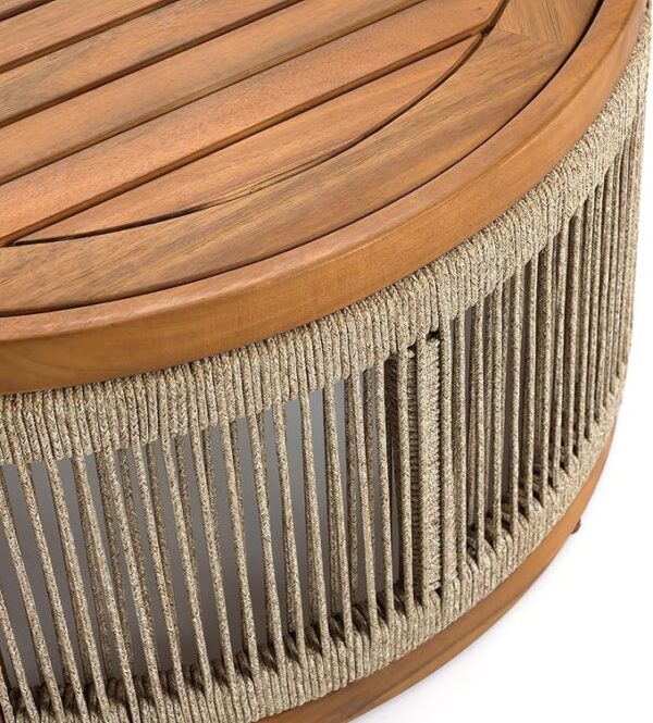 31" Acacia Wood Outdoor Coffee Table, Round Rope Drum Design, Modern Farmhouse Style - Image 3