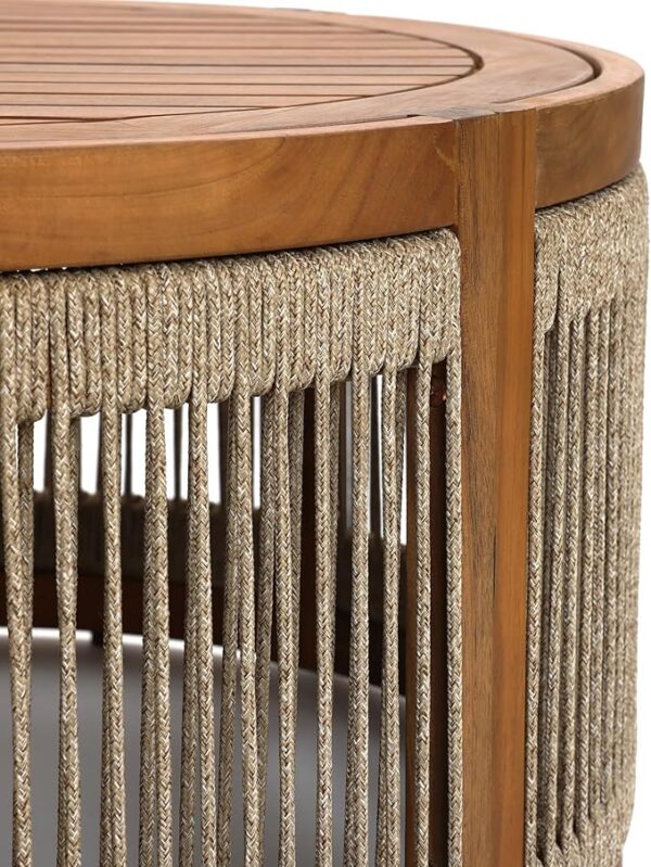 31" Acacia Wood Outdoor Coffee Table, Round Rope Drum Design, Modern Farmhouse Style - Image 4