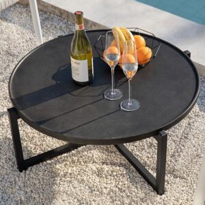 Small Round Outdoor Coffee Table, 12" H, Concrete Top with Metal Frame, Dark Grey