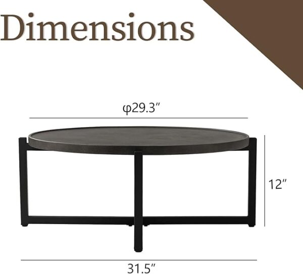 Small Round Outdoor Coffee Table, 12" H, Concrete Top with Metal Frame, Dark Grey - Image 2