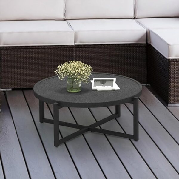 Small Round Outdoor Coffee Table, 12" H, Concrete Top with Metal Frame, Dark Grey - Image 3