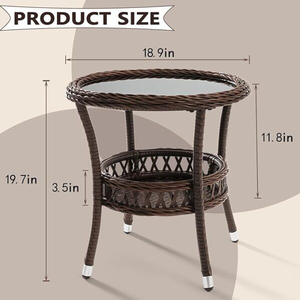 Set of 2 Outdoor Wicker Side Tables, Round Rattan with Glass Top & Storage, Brown - Image 2