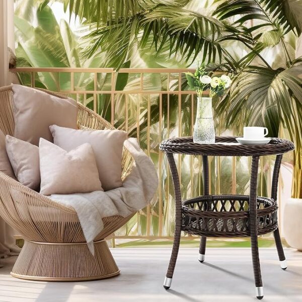 Set of 2 Outdoor Wicker Side Tables, Round Rattan with Glass Top & Storage, Brown - Image 3