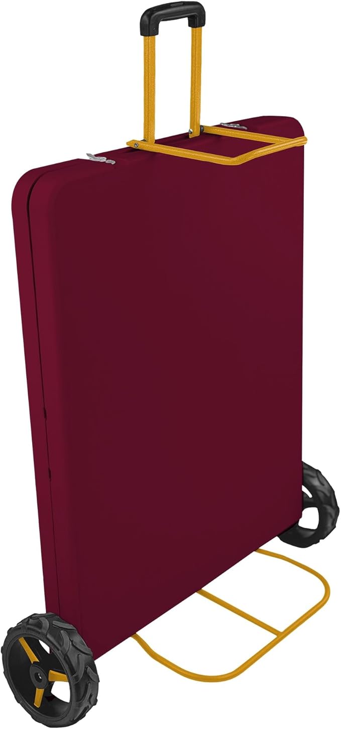 6Ft Rolling Folding Table with Wheels, Durable Plastic, Team Colors, Dark Red & Yellow