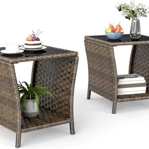Set of 2 Rattan Side Tables, PE Wicker with Glass Top, Weather-Resistant for Patio & Garden