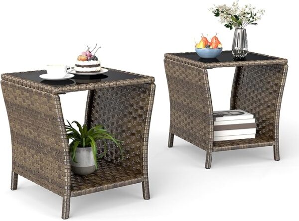 Set of 2 Rattan Side Tables, PE Wicker with Glass Top, Weather-Resistant for Patio & Garden