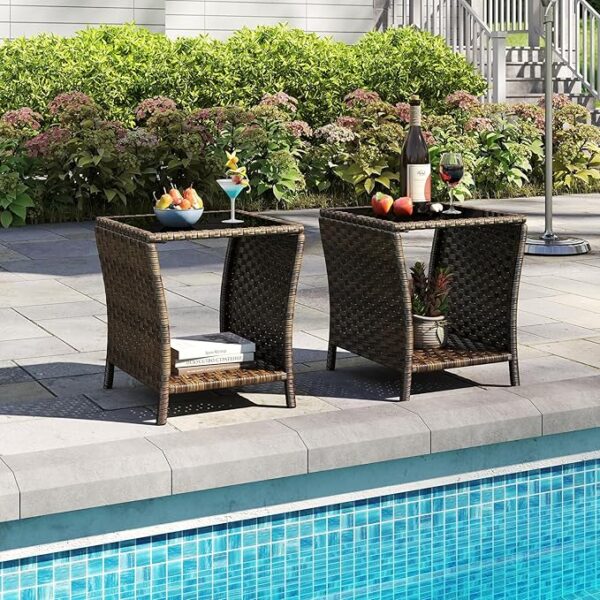 Set of 2 Rattan Side Tables, PE Wicker with Glass Top, Weather-Resistant for Patio & Garden - Image 2