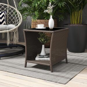 Set of 2 Rattan Patio Side Tables, PE Wicker with Glass Top, Weather-Resistant, Sesame