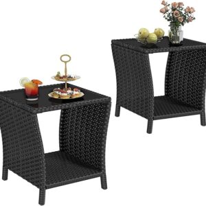 Set of 2 Small Outdoor Wicker Side Tables: Glass Top & Storage