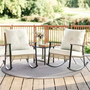 3-Piece Patio Set, 2 Rocking Chairs & Coffee Table, Oversized Rattan Bistro Set