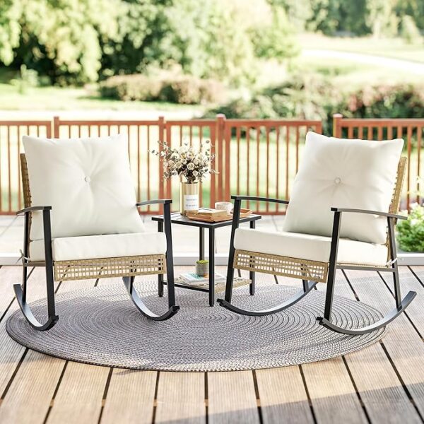 3-Piece Patio Set, 2 Rocking Chairs & Coffee Table, Oversized Rattan Bistro Set