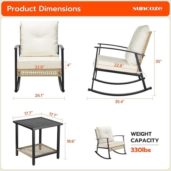 3-Piece Patio Set, 2 Rocking Chairs & Coffee Table, Oversized Rattan Bistro Set - Image 2