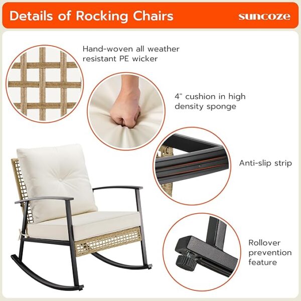 3-Piece Patio Set, 2 Rocking Chairs & Coffee Table, Oversized Rattan Bistro Set - Image 3