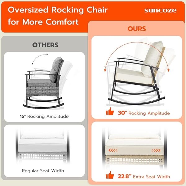 3-Piece Patio Set, 2 Rocking Chairs & Coffee Table, Oversized Rattan Bistro Set - Image 4