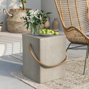 18" Concrete Outdoor Side Table with Hemp Rope, Medium Gray