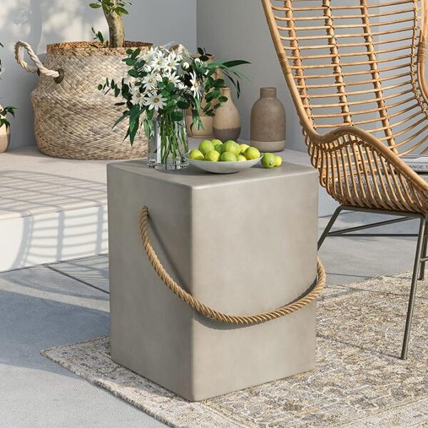18" Concrete Outdoor Side Table with Hemp Rope, Medium Gray
