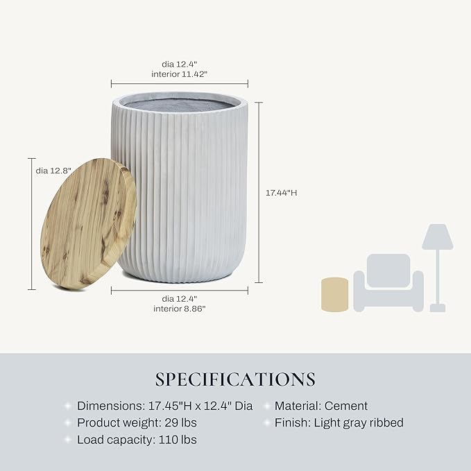 18" Outdoor Side Table with Storage, Cement Drum with Wood-Finish Lid - Image 2