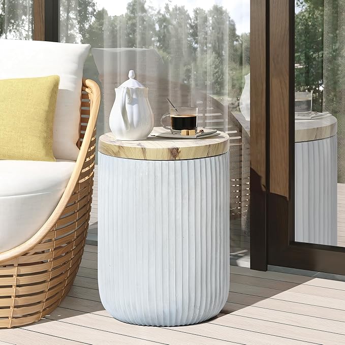 18" Outdoor Side Table with Storage, Cement Drum with Wood-Finish Lid - Image 3