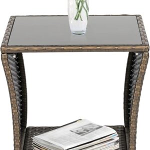 PE Rattan Side Table, Wicker Coffee Table with Iron Frame, Dark Blonde