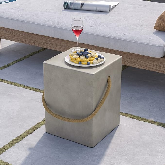 Set of 2 Concrete Outdoor Side Tables with Rope Handles, Grey - Image 2