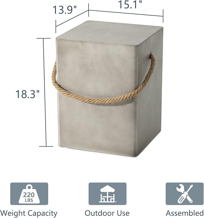 Set of 2 Concrete Outdoor Side Tables with Rope Handles, Grey - Image 3