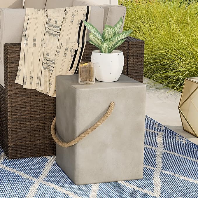 Set of 2 Concrete Outdoor Side Tables with Rope Handles, Grey - Image 4