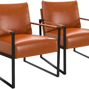 Home Set of 2 Mid-Century Modern Faux Leather Accent Chairs, Metal Frame, Brown