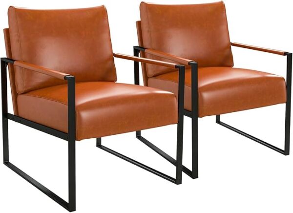 Home Set of 2 Mid-Century Modern Faux Leather Accent Chairs, Metal Frame, Brown