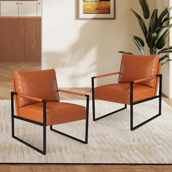 Home Set of 2 Mid-Century Modern Faux Leather Accent Chairs, Metal Frame, Brown - Image 2