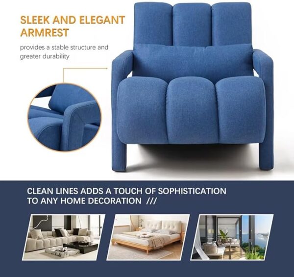 Home Smyth Modern Armchair, Upholstered with Linen Fabric & Pillow, Navy Blue - Image 4