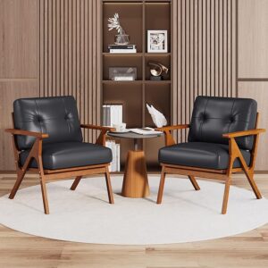 Set of 2 Black Leather Accent Chairs, Mid-Century Modern, Wood Frame