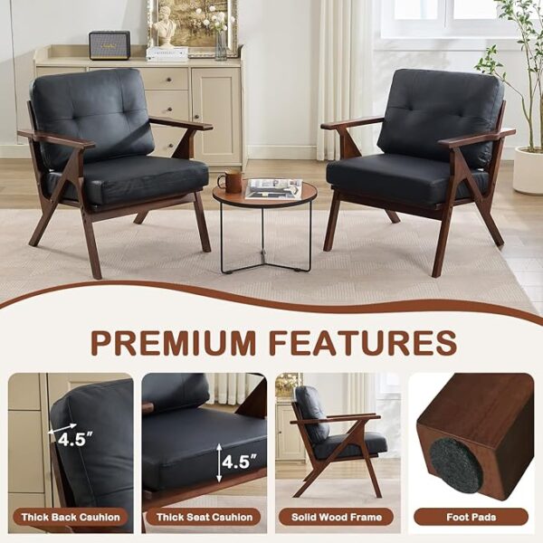 Set of 2 Black Leather Accent Chairs, Mid-Century Modern, Wood Frame - Image 4