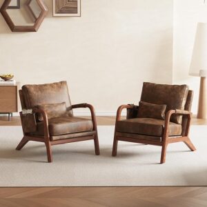 Set of 2 Mid-Century Modern Upholstered Lounge Chairs, Solid Wood Frame, Brown