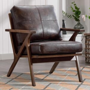 Mid-Century Modern Accent Chair, PU Leather with Wood Frame, Removable Cushions, Brown