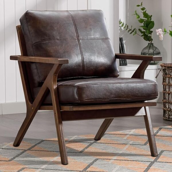 Mid-Century Modern Accent Chair, PU Leather with Wood Frame, Removable Cushions, Brown
