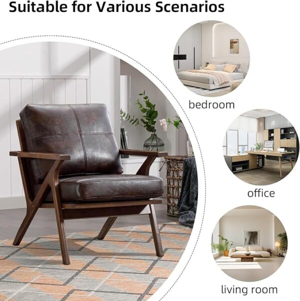 Mid-Century Modern Accent Chair, PU Leather with Wood Frame, Removable Cushions, Brown - Image 3