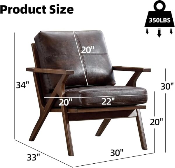 Mid-Century Modern Accent Chair, PU Leather with Wood Frame, Removable Cushions, Brown - Image 4