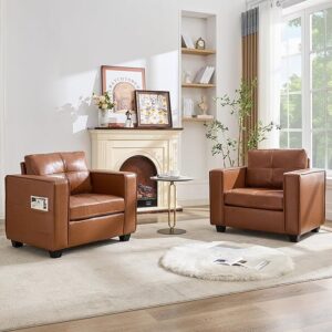 Set of 2 Brown Faux Leather Accent Chairs, Tufted Mid-Century Modern, 38.58" Wide
