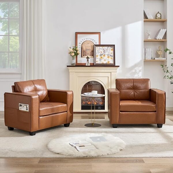Set of 2 Brown Faux Leather Accent Chairs, Tufted Mid-Century Modern, 38.58" Wide - Image 4