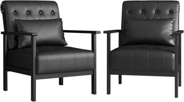 Set of 2 Black Leather Accent Chairs with Pillow, Mid-Century Modern with Arms, Button Tufted