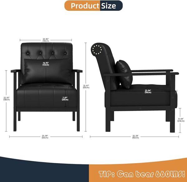 Set of 2 Black Leather Accent Chairs with Pillow, Mid-Century Modern with Arms, Button Tufted - Image 3
