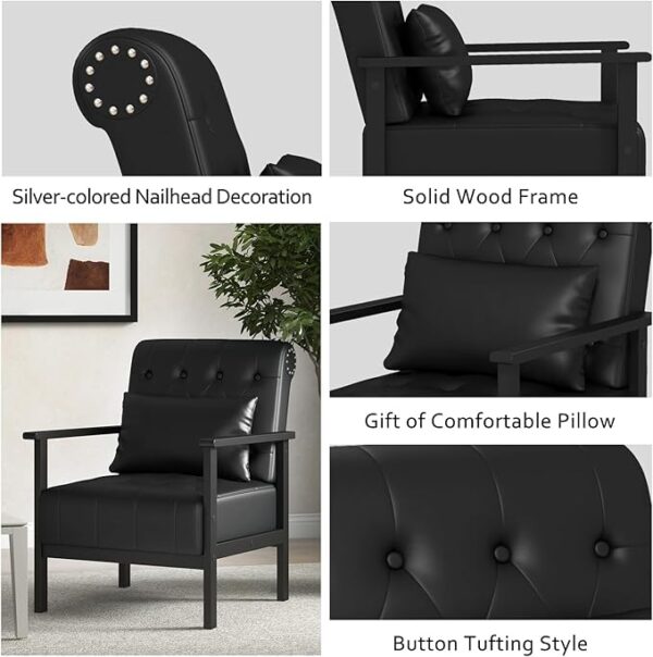 Set of 2 Black Leather Accent Chairs with Pillow, Mid-Century Modern with Arms, Button Tufted - Image 4